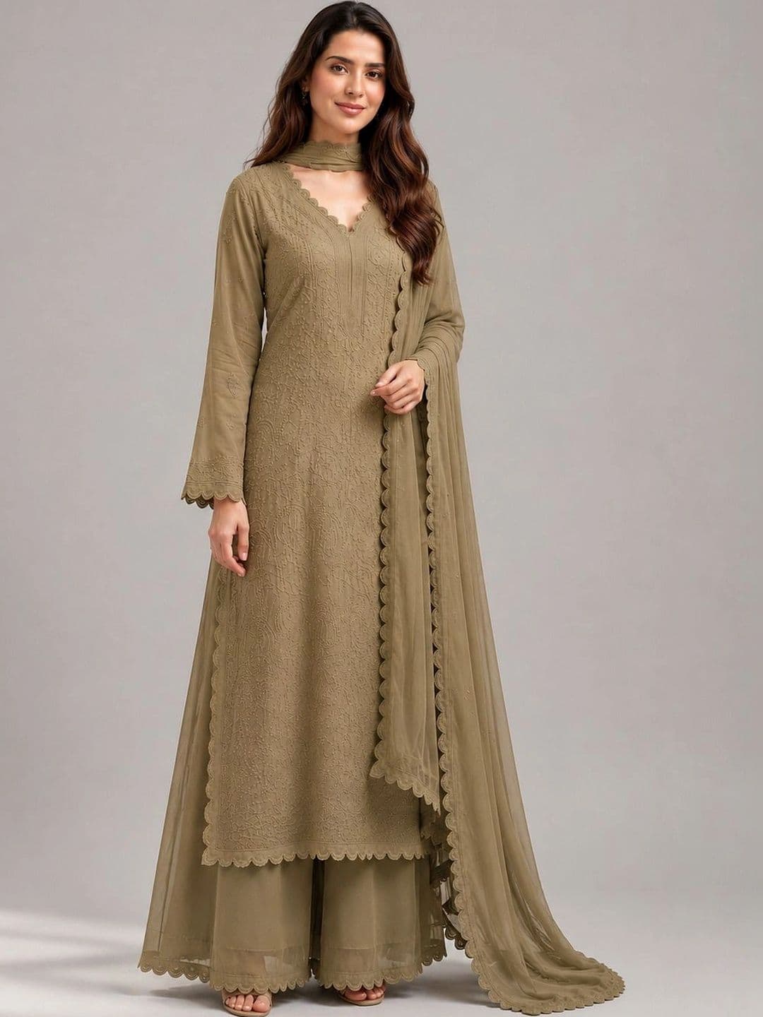 Meghrika Ethnics Women Embroidered Regular Chikankari Kurta with Palazzos & With Dupatta - view 1