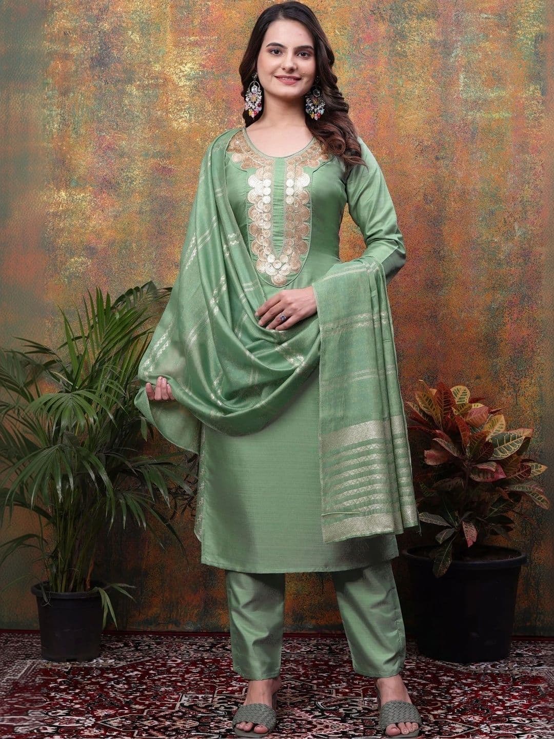 Sangria Women Ethnic Motifs Embroidered Regular Kurta with Trousers & With Dupatta - view 1