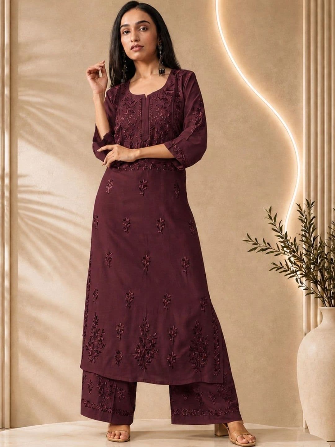 Vama Heritage Women Ethnic Motifs Embroidered Regular Thread Work Kurta with Palazzos - view 1