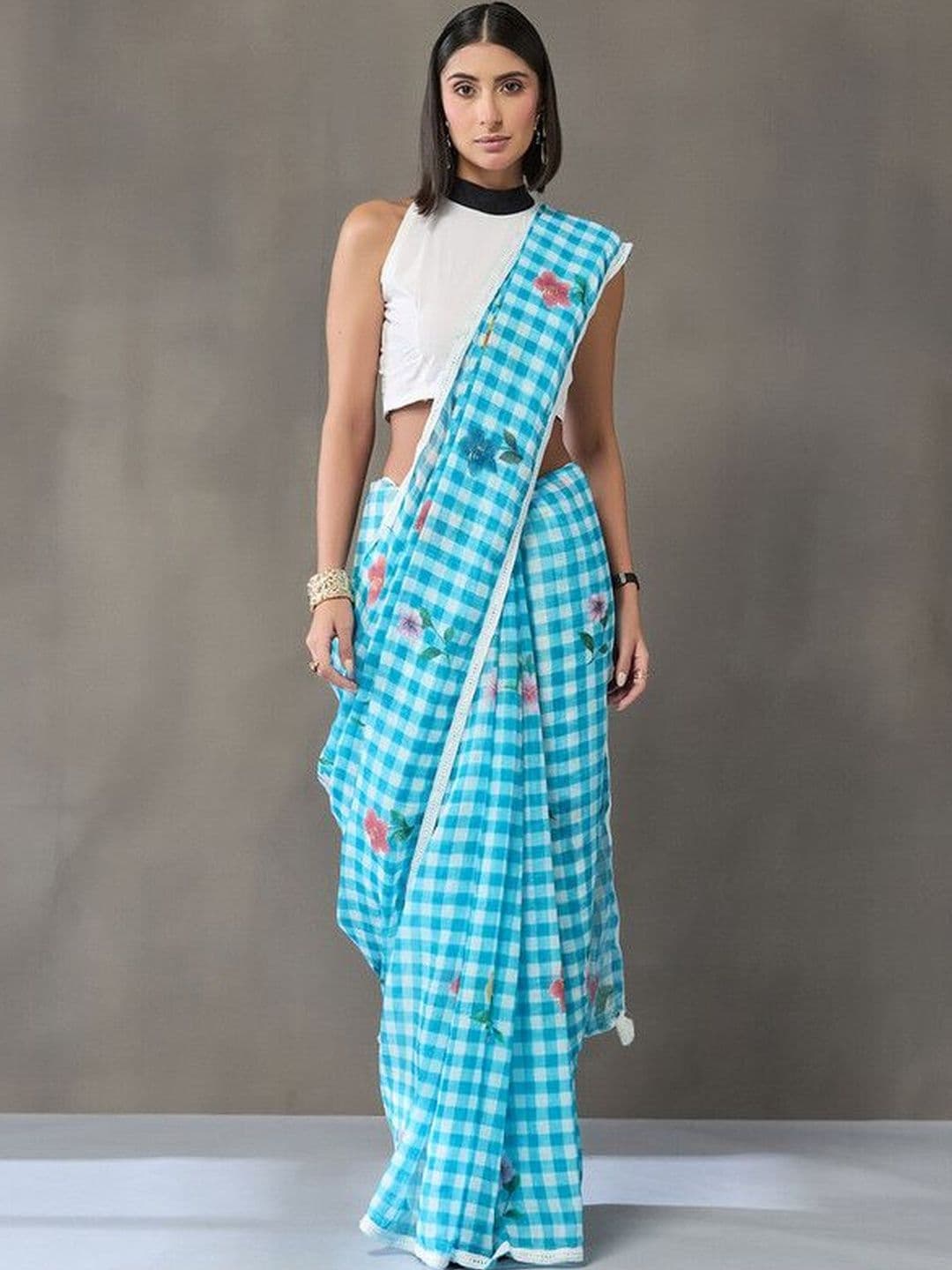 Navibhu Contemporary Handloom Floral Pure Linen Saree - view 1