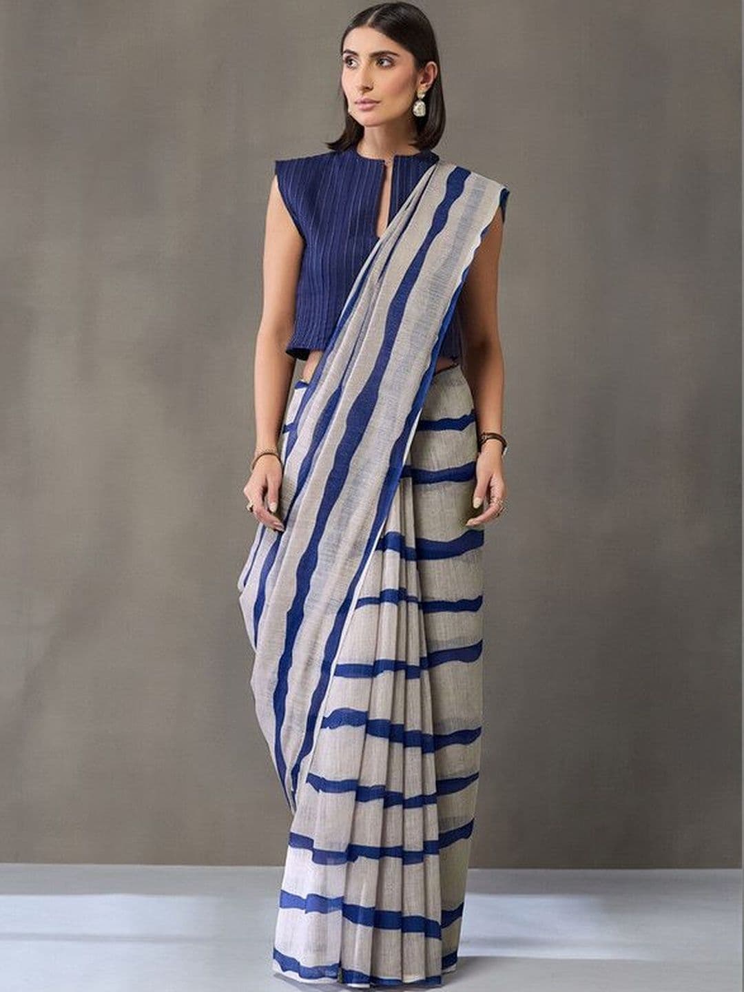 Navibhu All-Day Lightweight Striped Pure Linen Saree - view 1