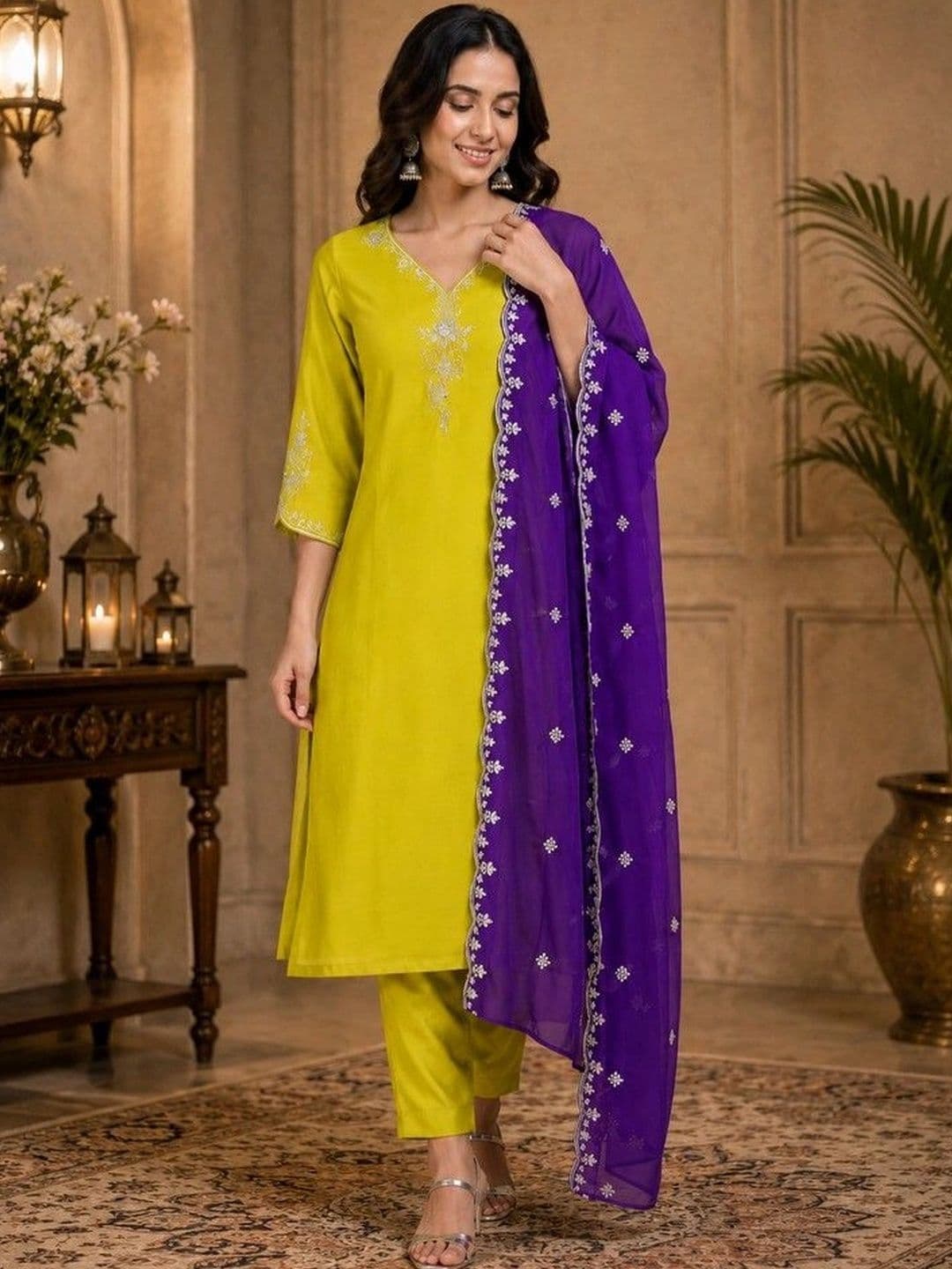 Sangria Women Ethnic Motifs Embroidered Regular Thread Work Kurta with Trousers & With Dupatta - view 1