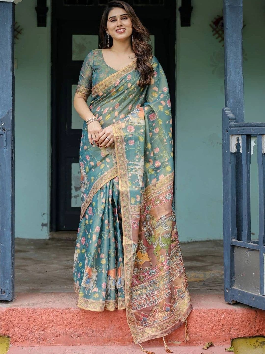 alkaa fashion Floral Pure Linen Saree - view 1