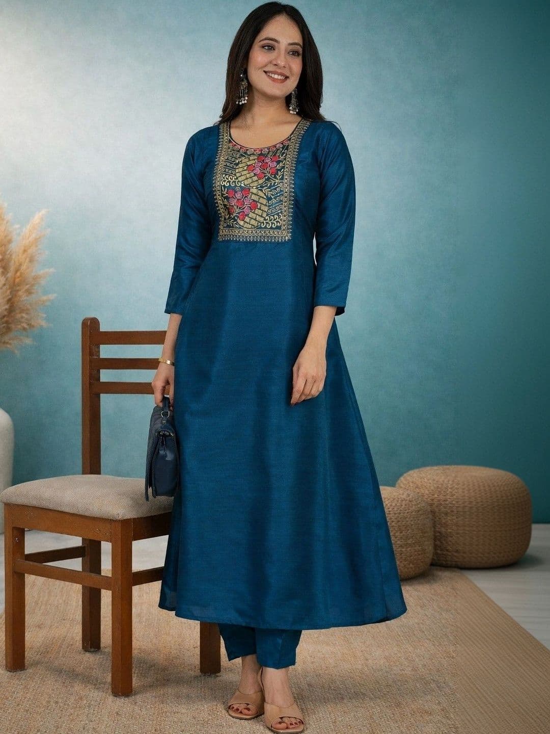 Sangria Floral Embroidered Tunic with Trousers - view 1