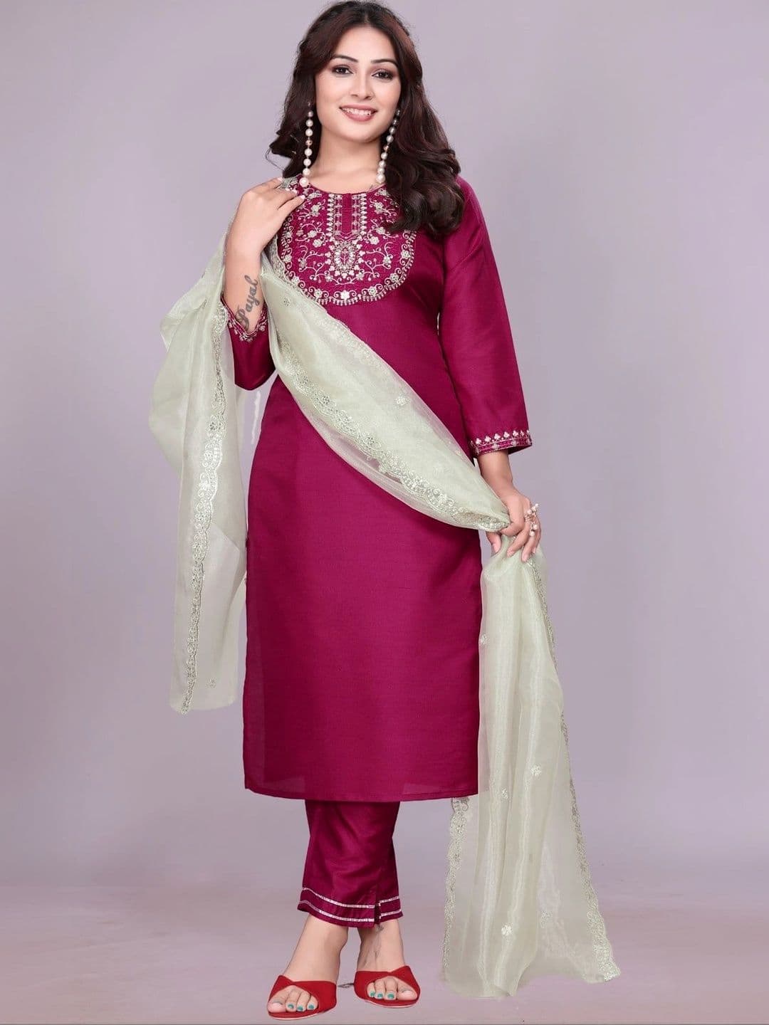 Sangria Women Ethnic Motifs Embroidered Regular Thread Work Kurta with Trousers & With Dupatta - view 1