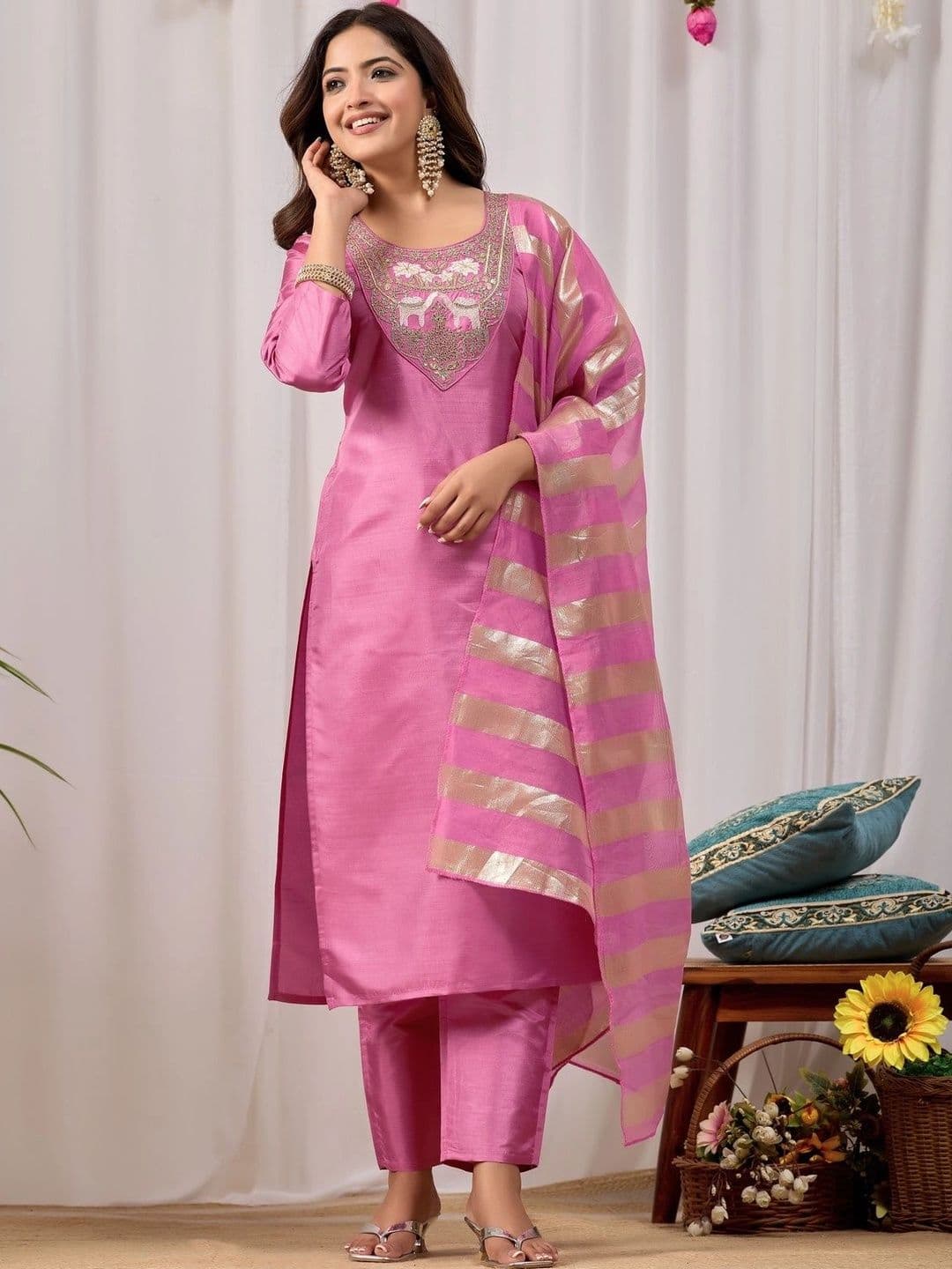 Sangria Women Ethnic Motifs Embroidered Regular Kurta with Trousers & With Dupatta - view 1
