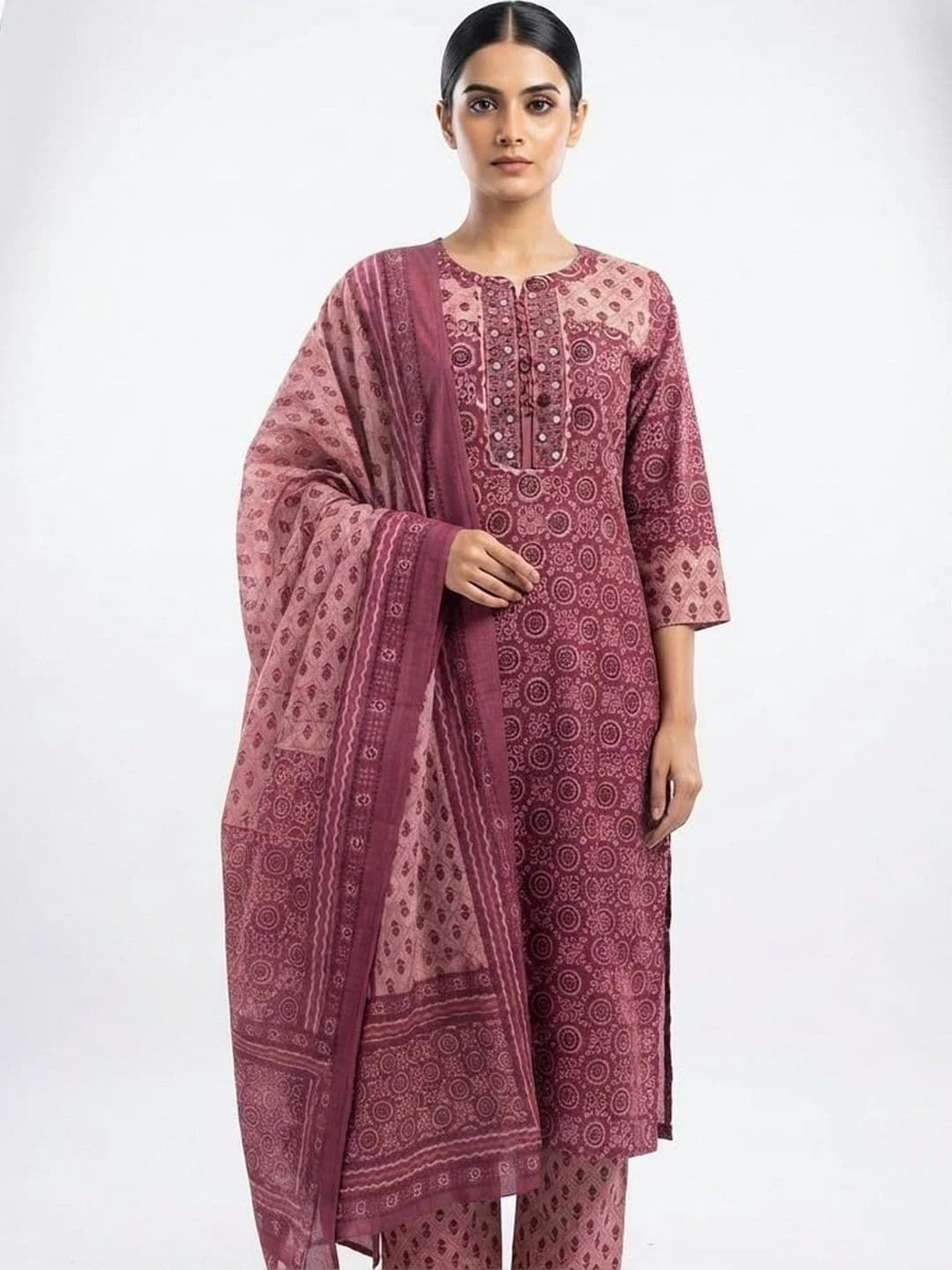 KALINI Women Ethnic Motifs Printed Regular Thread Work Pure Cotton Kurta with Trousers & With Dupatta - view 1