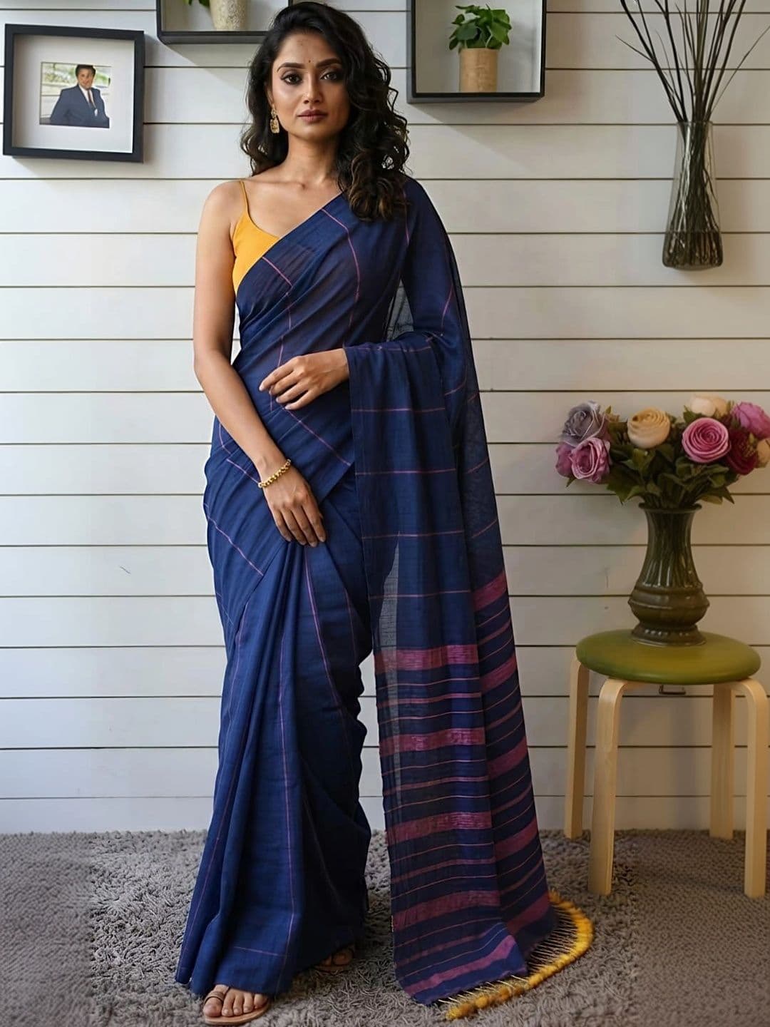 KALINI Striped Pure Cotton Khadi Saree - view 1