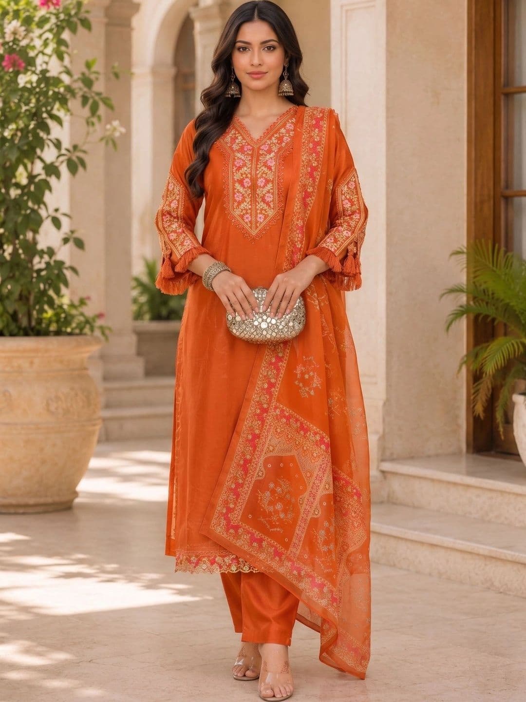 Teegital Women Floral Embroidered Regular Thread Work Kurta with Trousers & With Dupatta - view 1