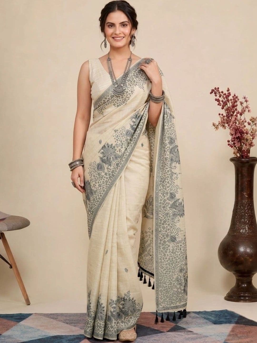 Anouk Floral Pure Cotton Jamdani Saree - view 1