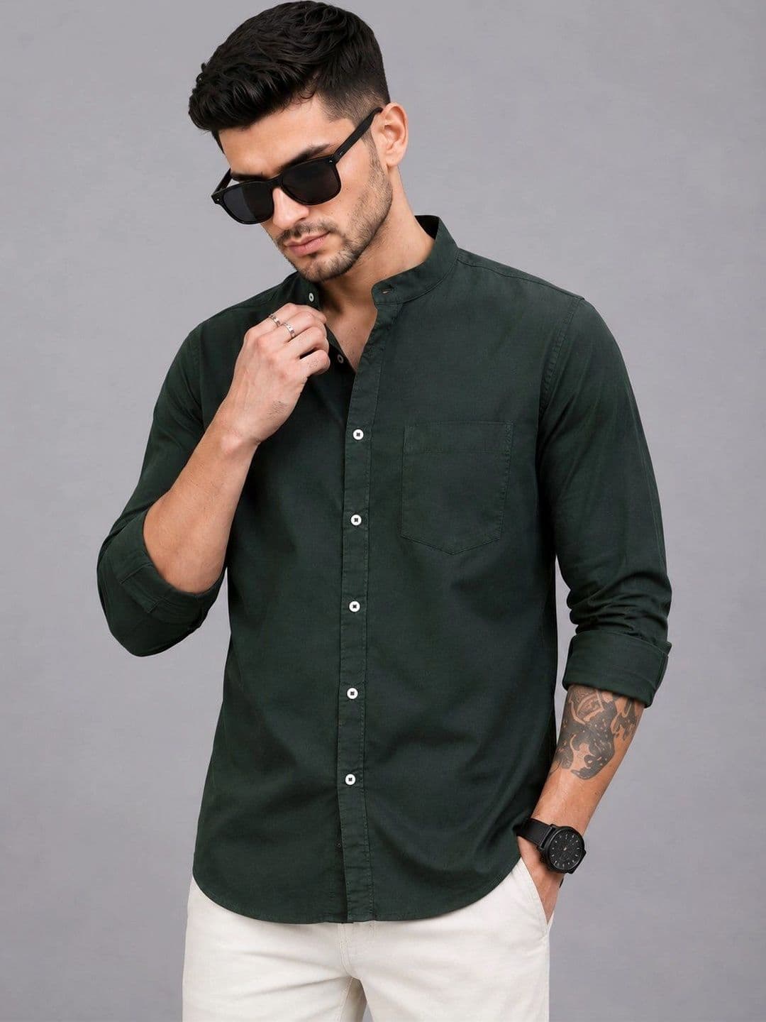 Roadster Men Olive Solid Regular Fit Mandarin Collar Casual Shirt - view 1