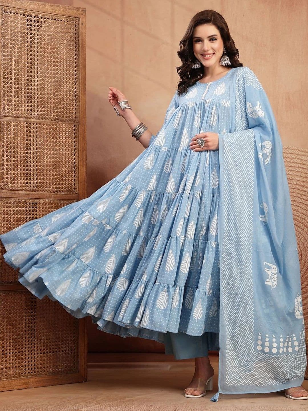 KIMAYRA Women Ethnic Motifs Printed Tiered Pure Cotton Kurta with Trousers & With Dupatta - view 1