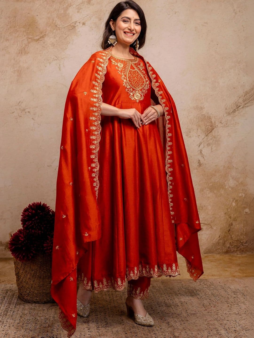 Berrylicious Women Ethnic Motifs Embroidered Angrakha Pure Silk Kurta with Trousers & With Dupatta - view 1