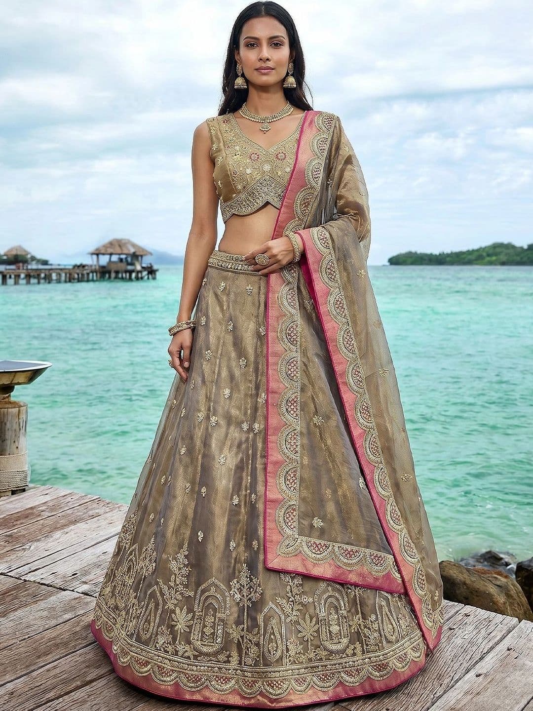 panchhi Embroidered Sequinned Semi-Stitched Lehenga & Blouse With Dupatta - view 1