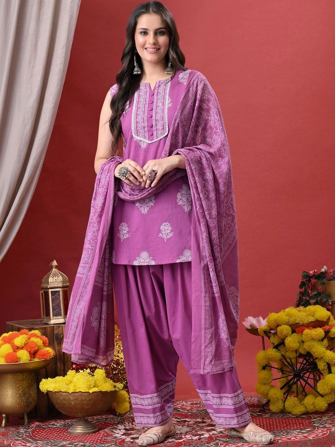 Anouk Rustic Women Printed Regular Pure Cotton Kurta Farshi Salwar with Dupatta - view 1
