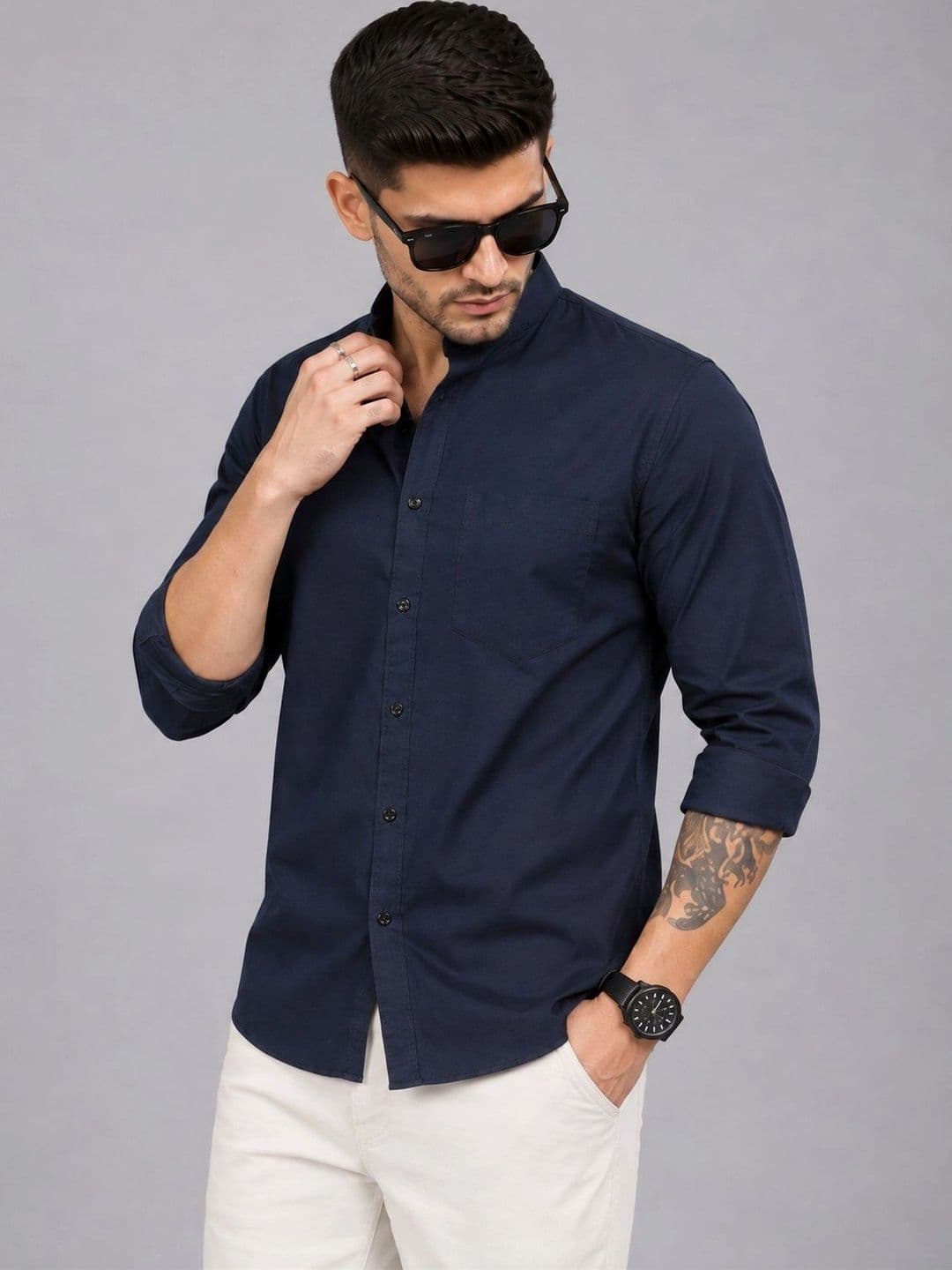 Roadster Men Navy Blue Solid Regular Fit Mandarin Collar Casual Shirt - view 1