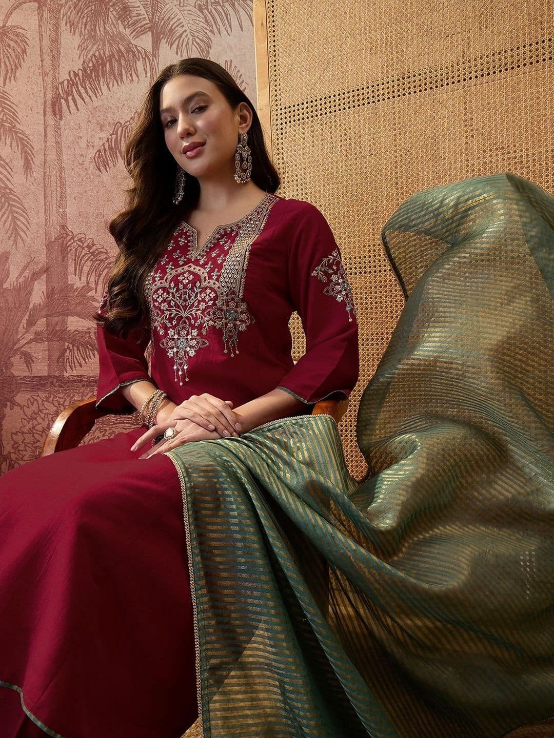 Sangria Women Ethnic Motifs Embroidered Regular Thread Work Kurta with Trousers & With Dupatta - view 1