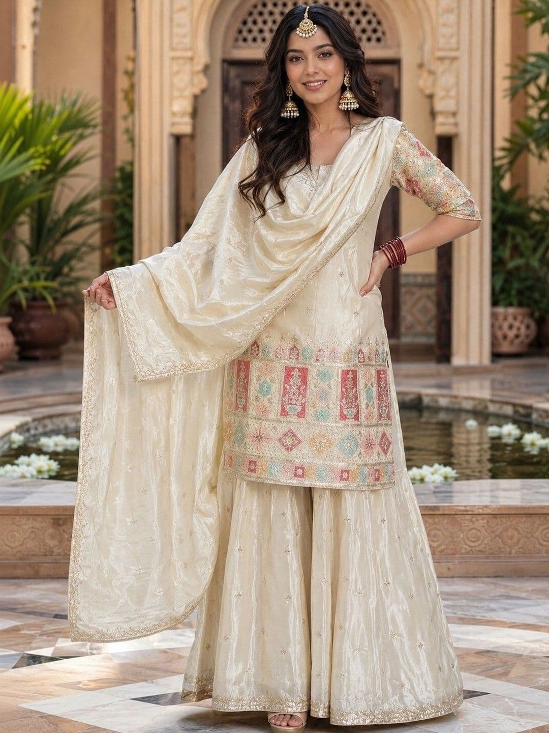 Morang Women Ethnic Motifs Embroidered Regular Thread Work Kurta with Sharara & With Dupatta - view 1