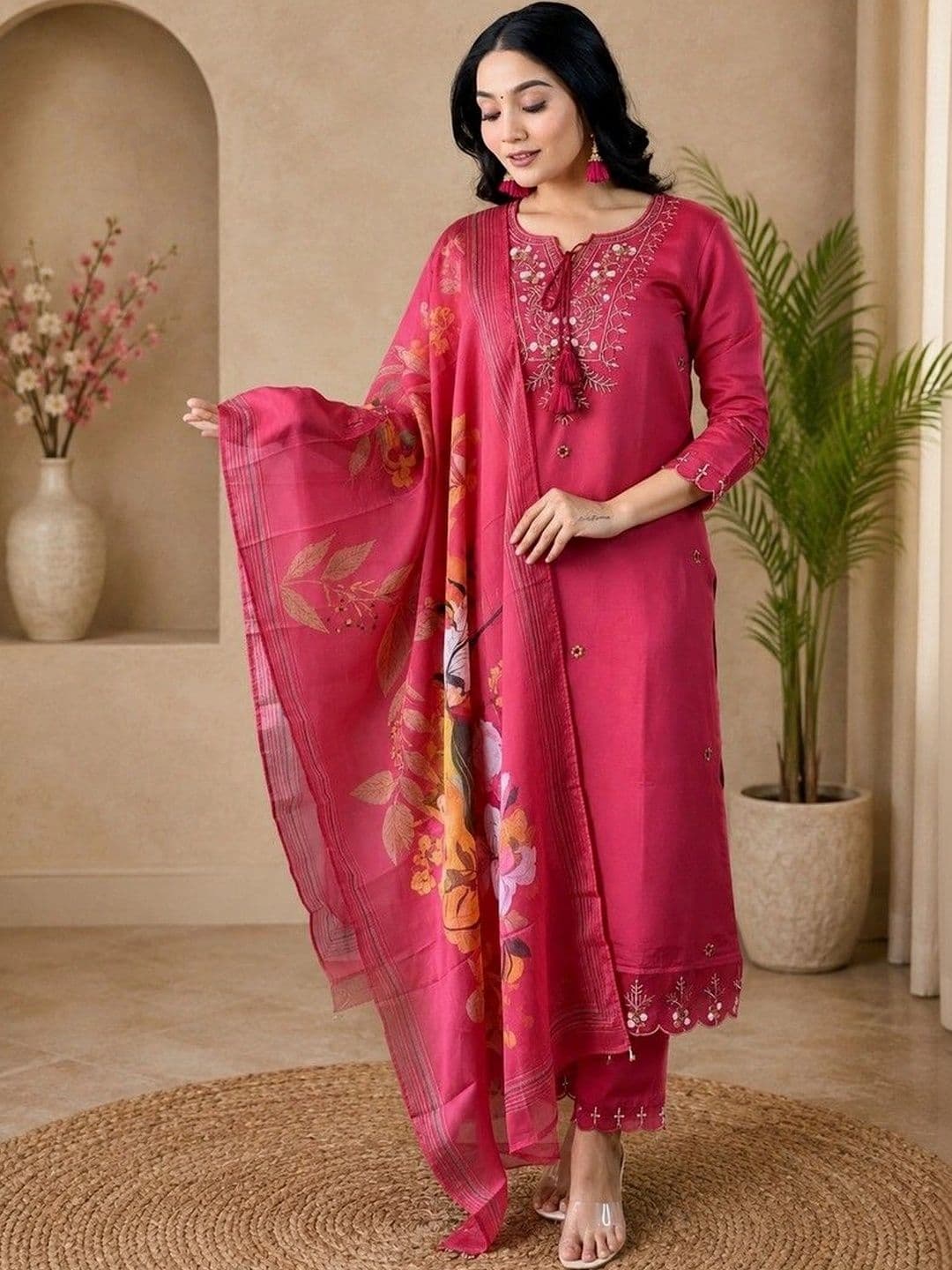 Sangria Women Floral Embroidered Regular Thread Work Kurta with Trousers & With Dupatta - view 1
