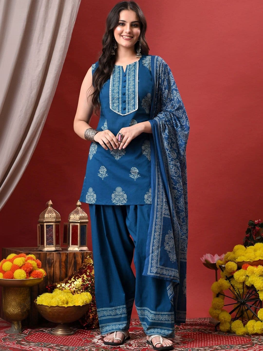 Anouk Rustic Women Printed Regular Pure Cotton Kurta Farshi Salwar with Dupatta - view 1