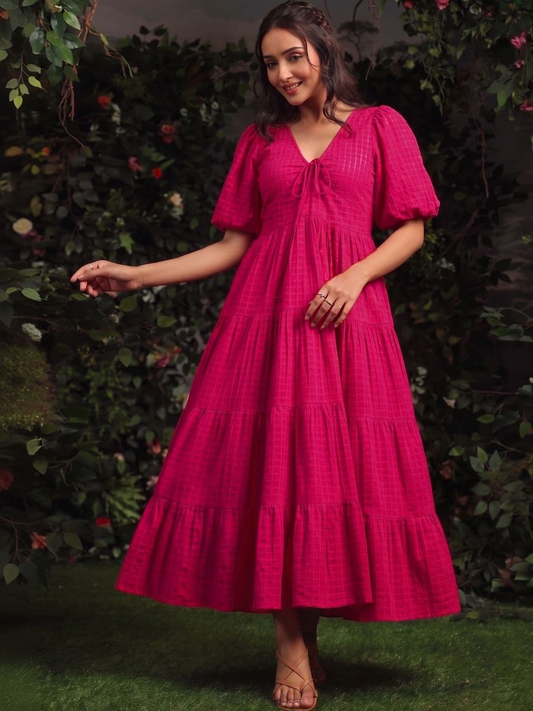manokamna Checked Puff Sleeve A-Line Midi Dress - view 1