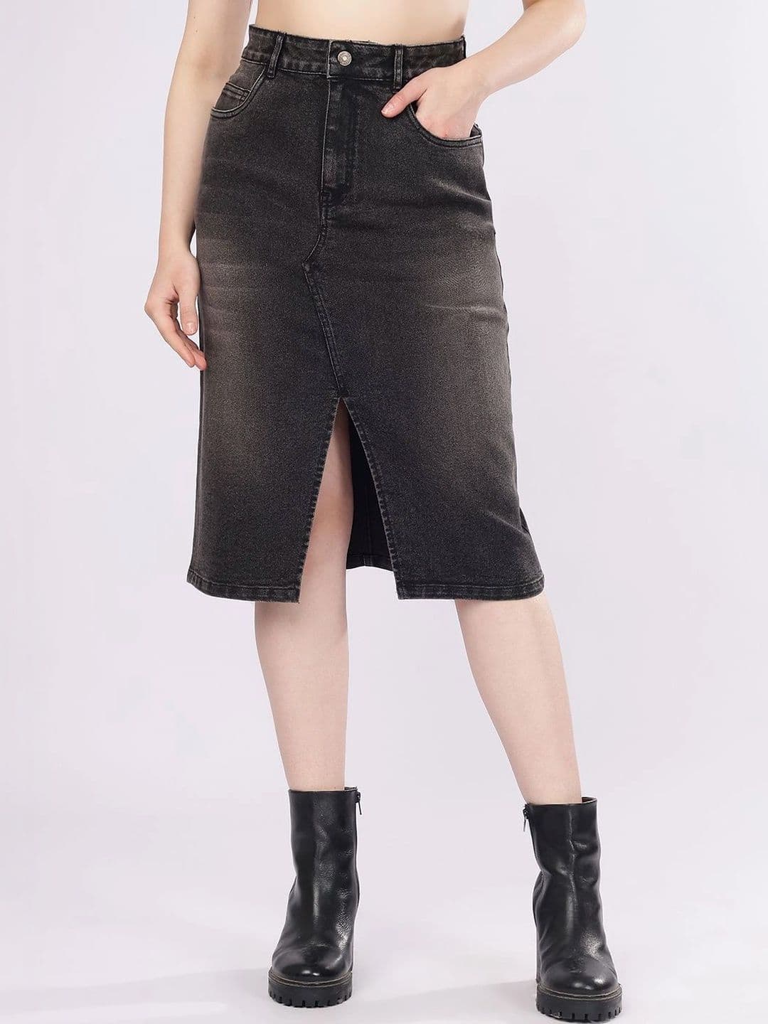 PUELLA Women Denim Blend Washed Front Slit Knee Length Straight Skirt - view 1
