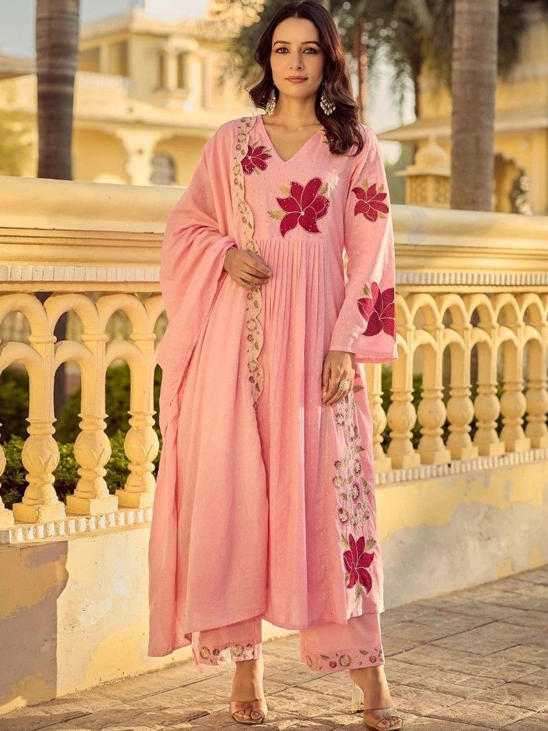 Morang Women Floral Embroidered Empire Thread Work Kurta with Trousers & With Dupatta - view 1