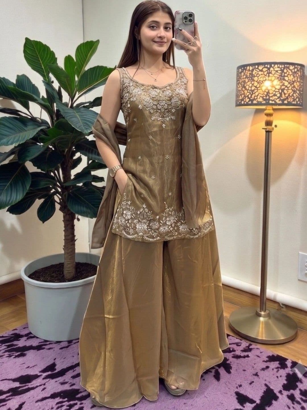 VASTRA HERITAGE Women Ethnic Motifs Embroidered Regular Thread Work Pure Silk Kurta with Sharara & With - view 1