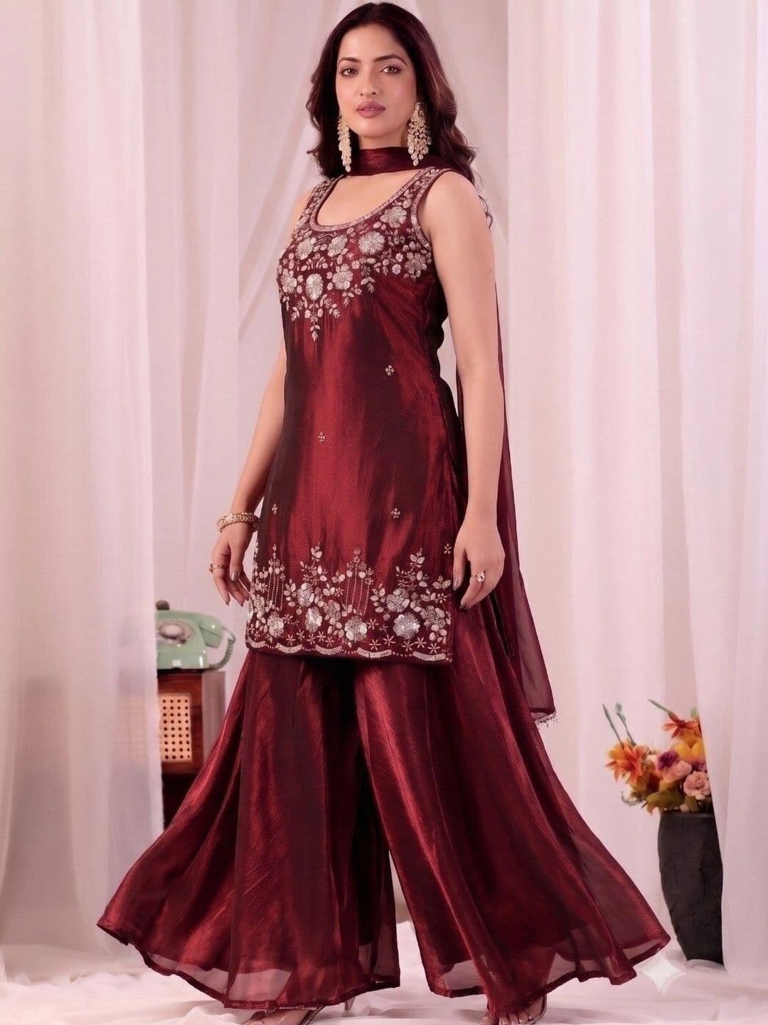 VASTRA HERITAGE Women Ethnic Motifs Embroidered Regular Thread Work Pure Silk Kurta with Sharara & With - view 1
