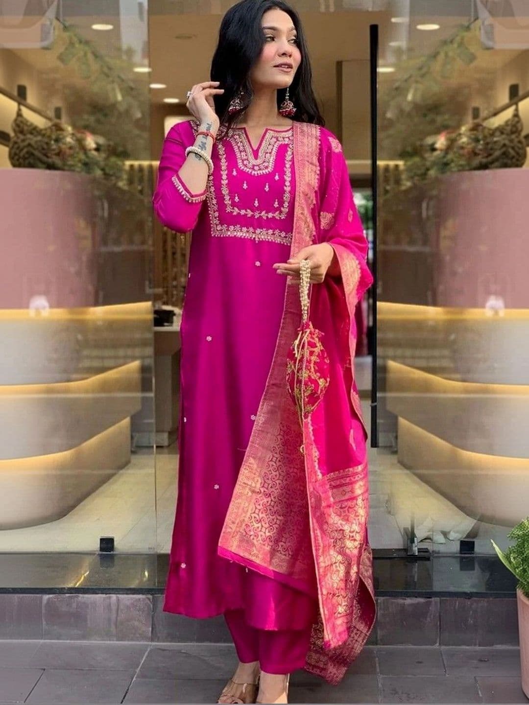 Sangria Women Ethnic Motifs Embroidered Regular Thread Work Kurta with Palazzos & With Dupatta - view 1