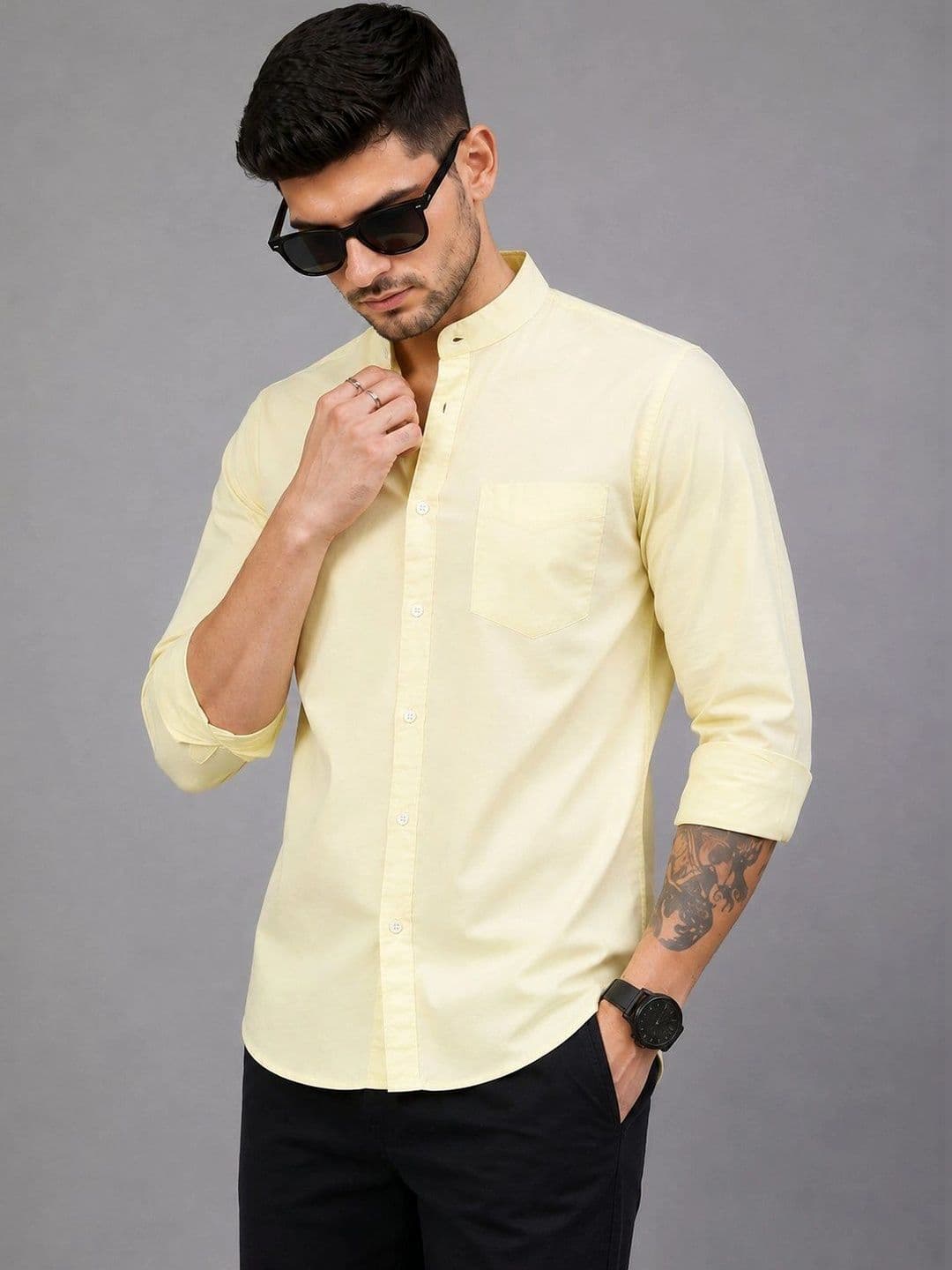 Roadster Men Light Yellow Solid Regular Fit Mandarin Collar Casual Shirt - view 1