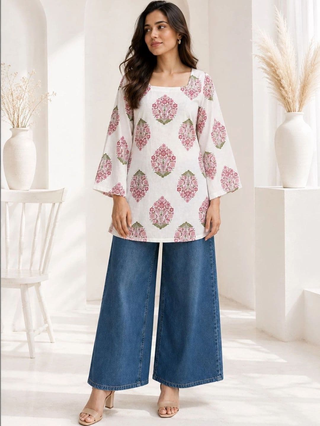 HERE&NOW Floral Printed Square Neck Flared Sleeves Pure Cotton Kurti - view 1