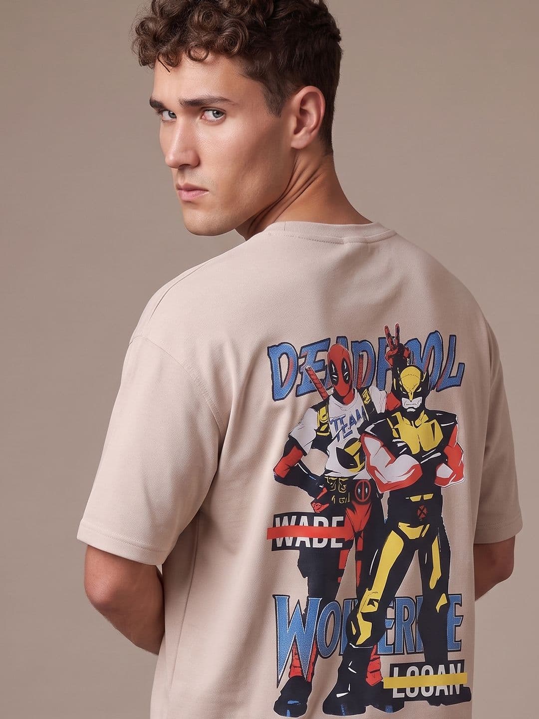 glitchez Beige Deadpool Superhero Printed Oversized Fit T-shirt - view 1