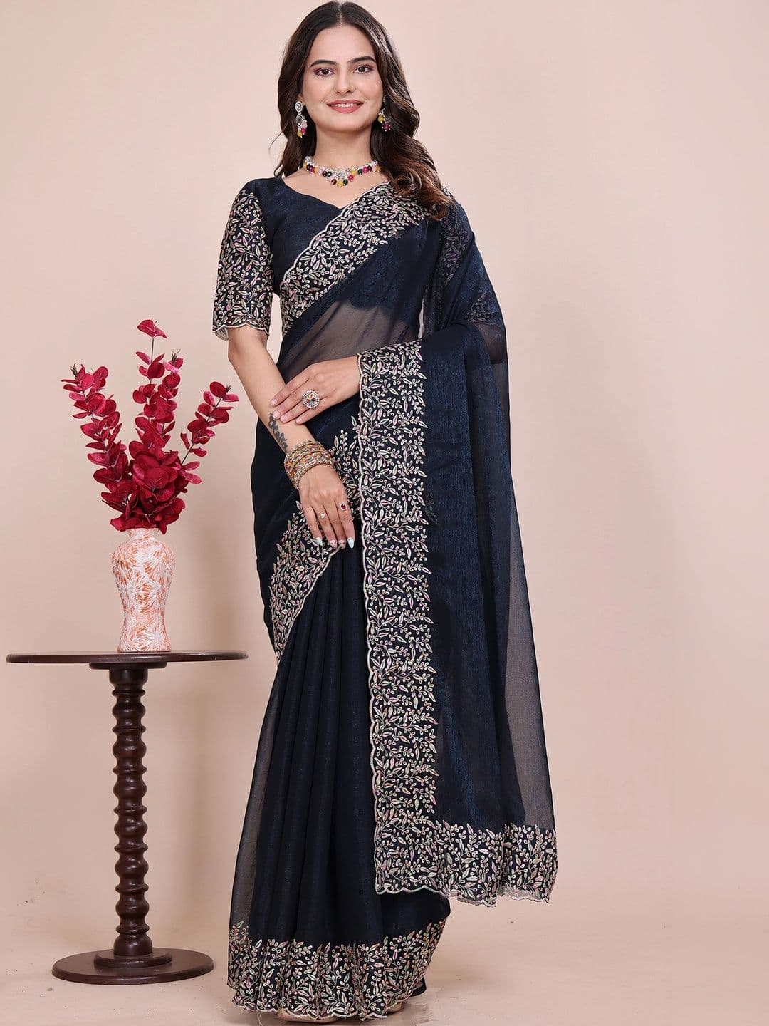 all about you Floral Embroidered Poly Georgette Designer Saree - view 1