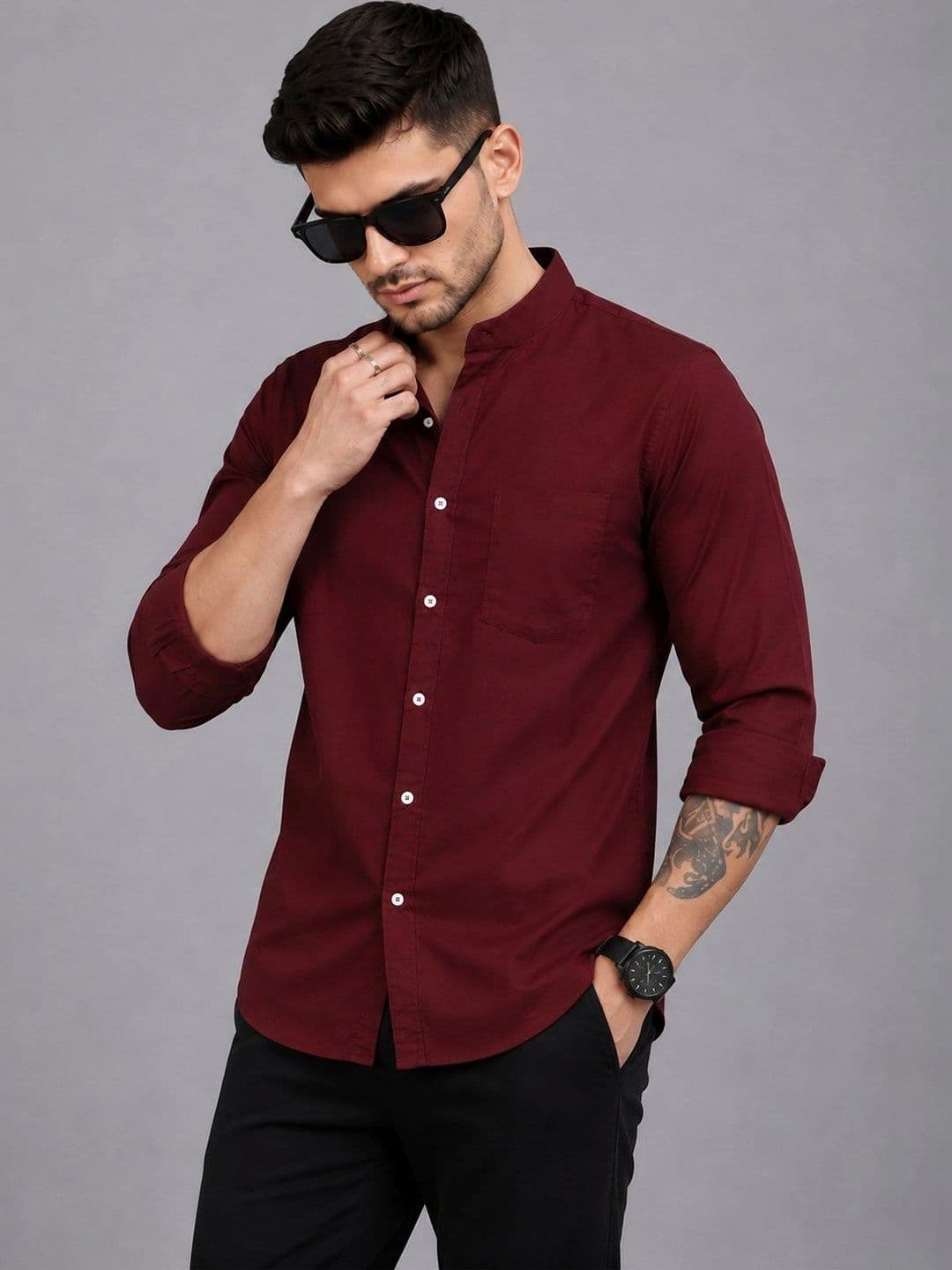 Roadster Men Maroon Solid Regular Fit Mandarin Collar Casual Shirt - view 1