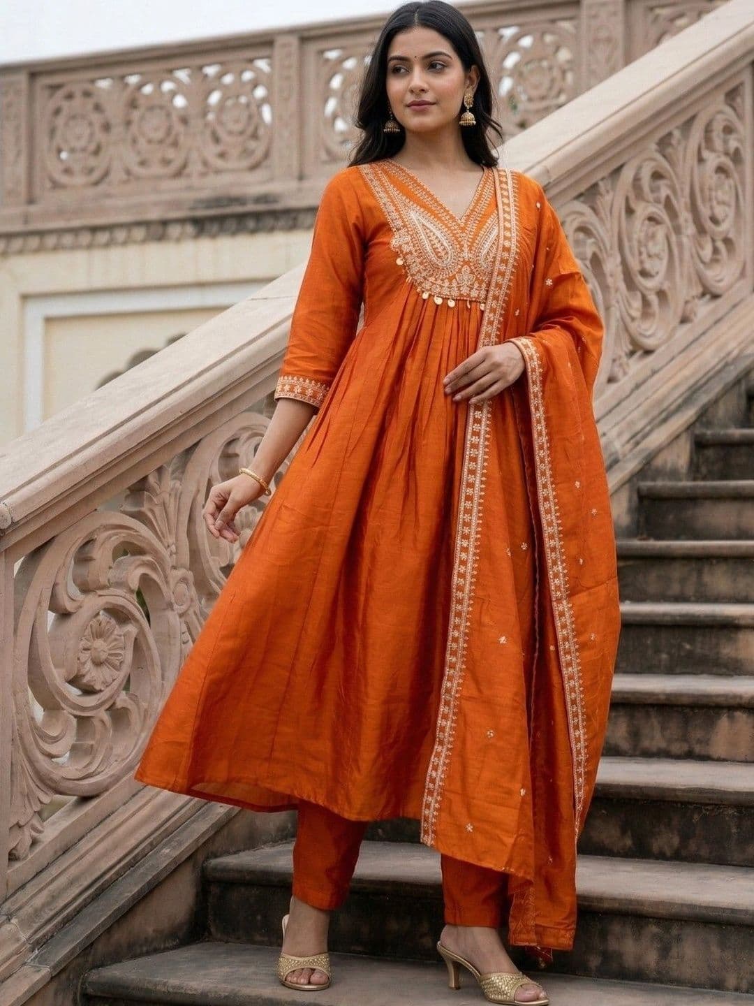 Morang Women Ethnic Motifs Embroidered Empire Kurta with Trousers & With Dupatta - view 1