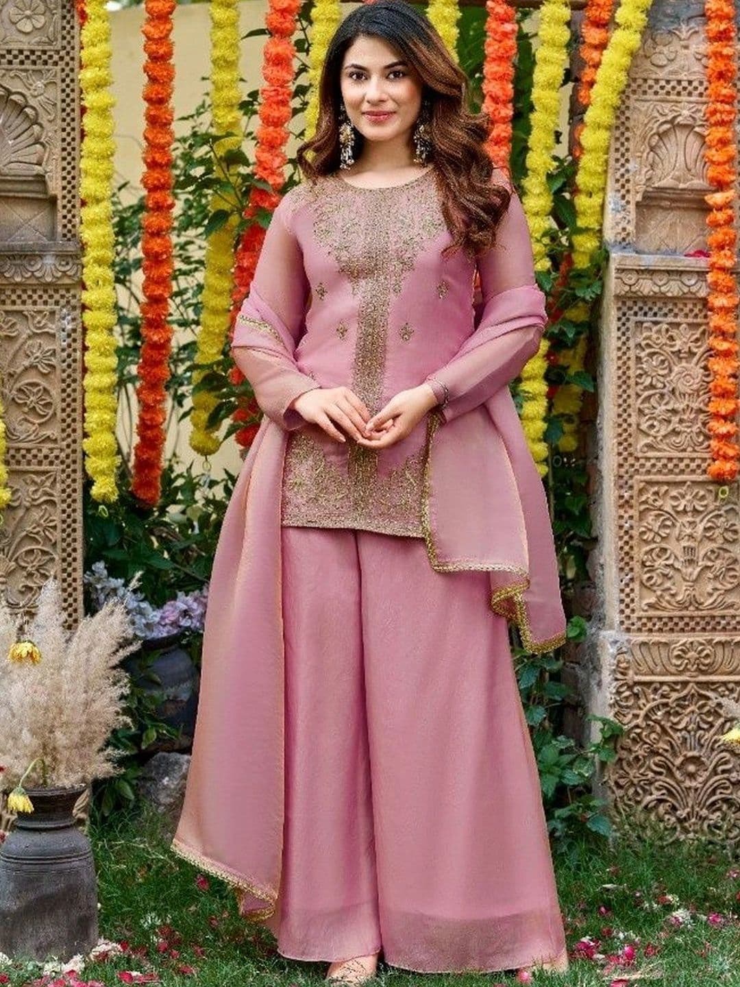 Morang Women Ethnic Motifs Embroidered Regular Thread Work Kurta with Palazzos & With Dupatta - view 1
