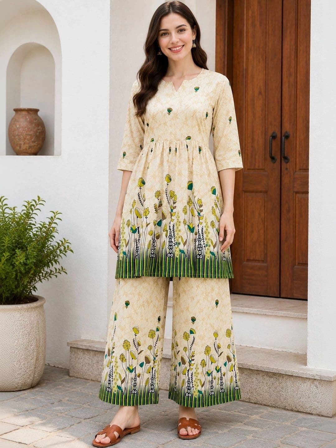 NEW ETHNIC 4 YOU Floral Printed Top with Palazzos - view 1