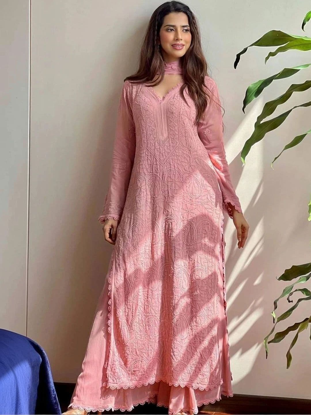 Kurti Culture Women Floral Embroidered Chikankari Kurta with Palazzos & Dupatta - view 1
