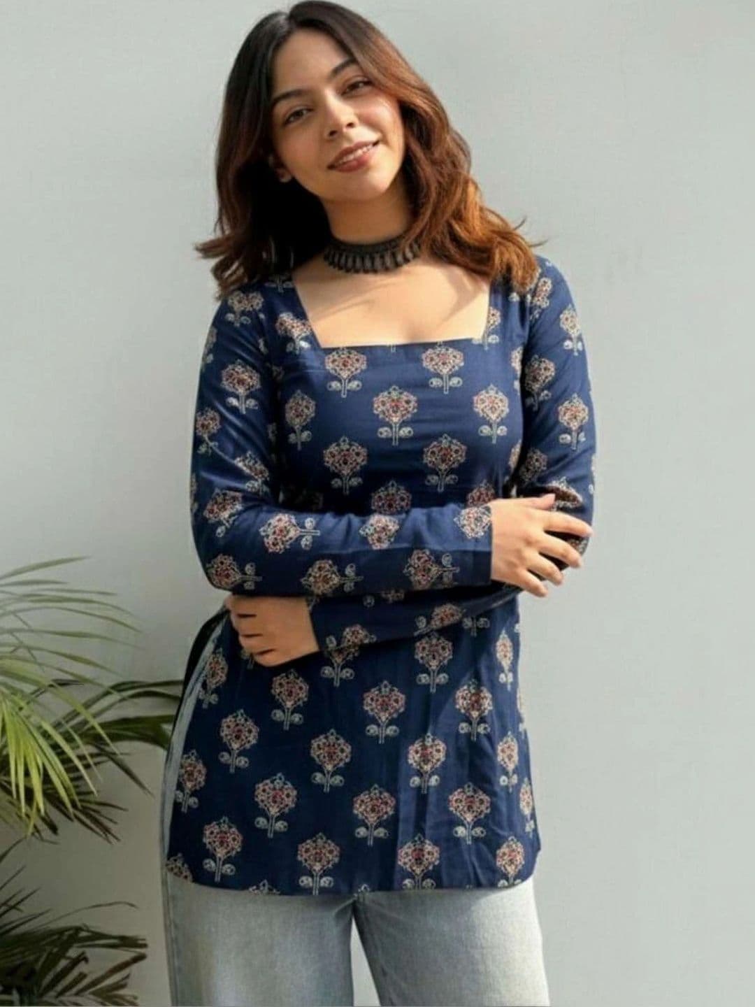 HERE&NOW Ethnic Motifs Printed Square Neck Kurti - view 1