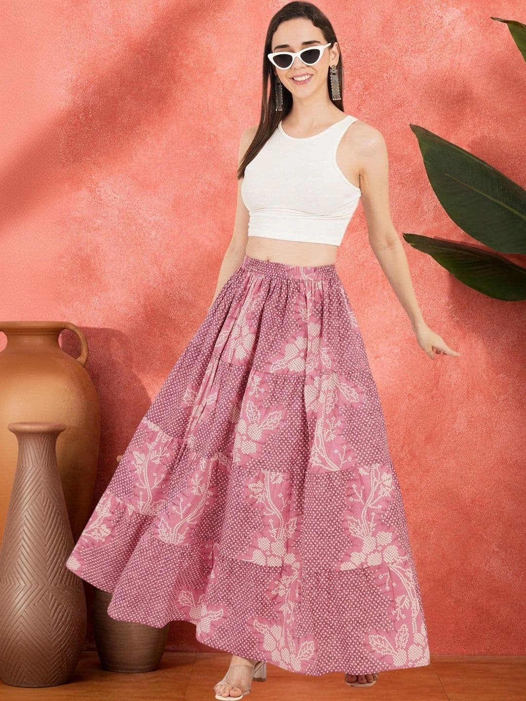 Sangria Women Pure Cotton Blend Cotton Cambric Floral Tiered Maxi Flared Skirt - view 1