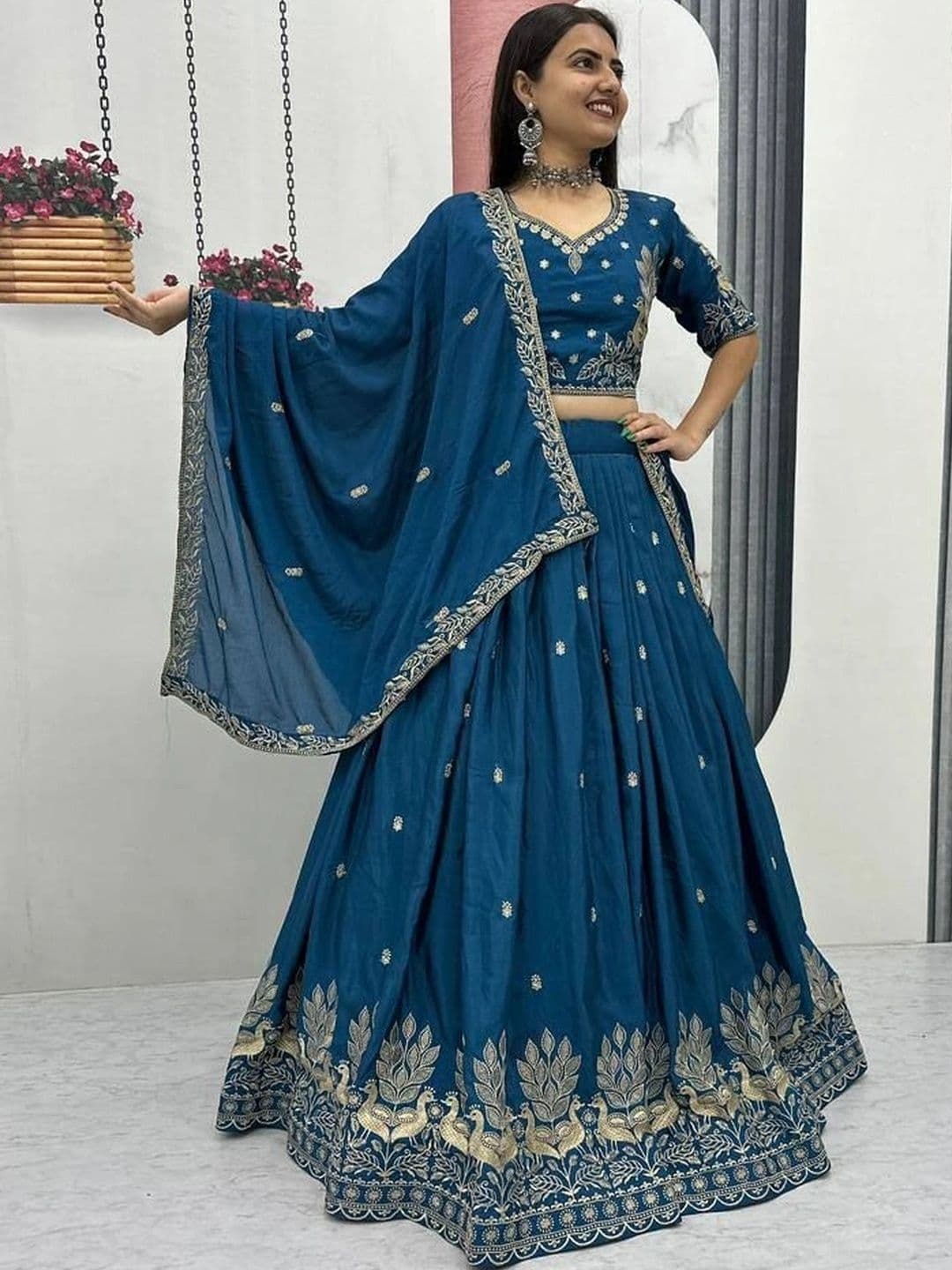 DEVANGI VASTRA Embroidered Thread Work Ready to Wear Lehenga & Unstitched Blouse With Dupatta - view 1