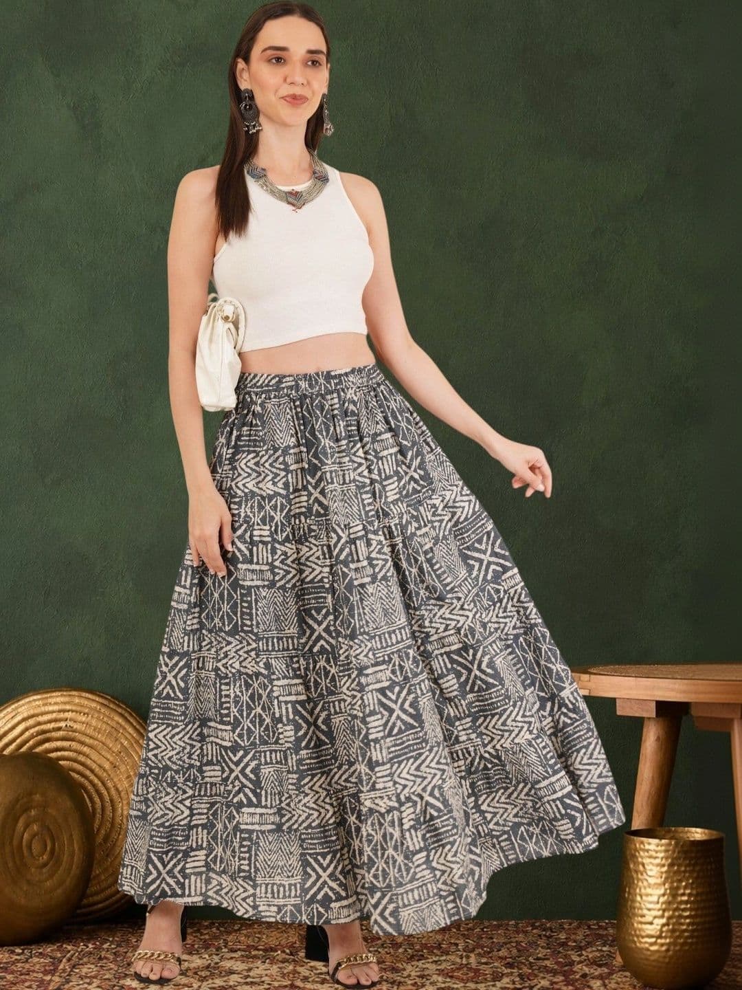 Sangria Women Pure Cotton Blend Cotton Cambric Tribal or Aztec Print Maxi Tiered Skirt - view 1