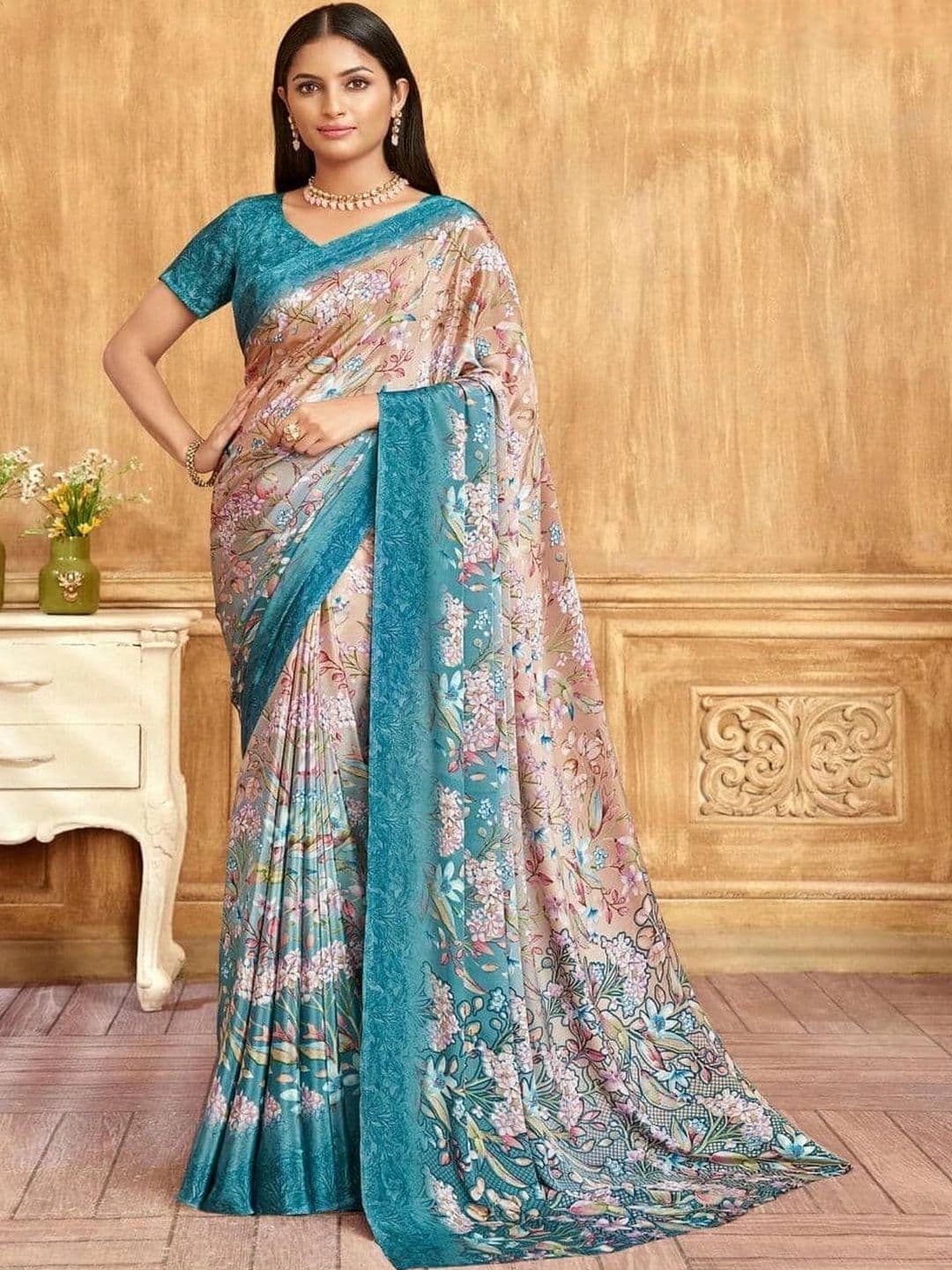 The Textile Hub Floral Pure Crepe Saree - view 1