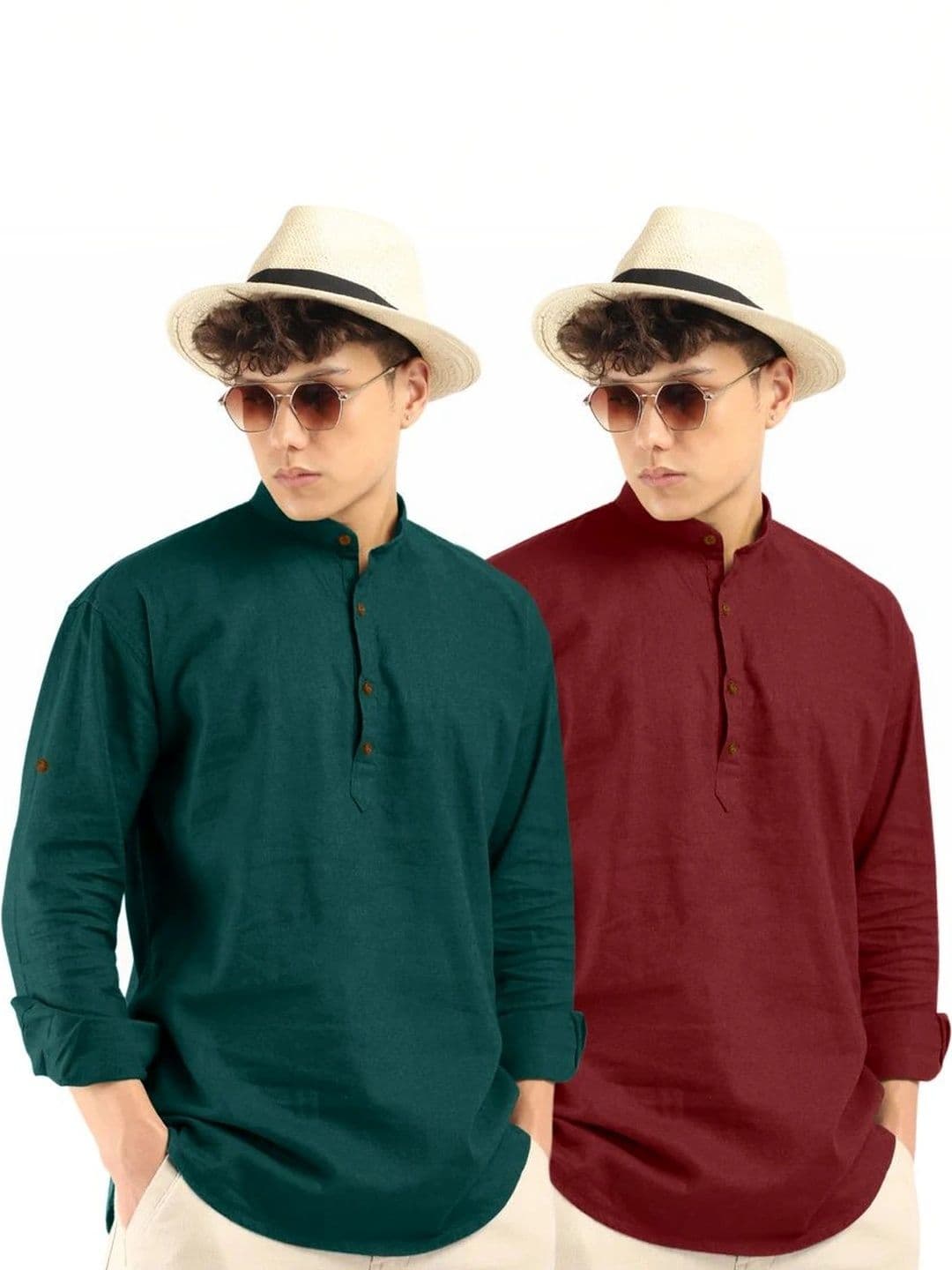 ZBIO Men Pack of 2 Solid Cotton Mandarin Collar Kurtas - view 1
