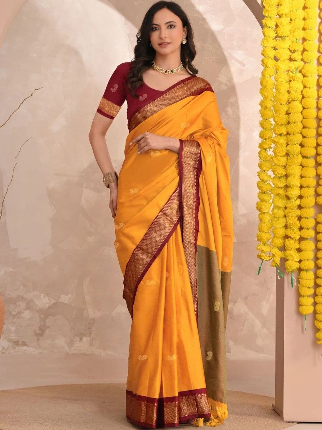 UMANTA Ethnic Motifs Embroidered Silk Cotton Designer Paithani Saree - view 1