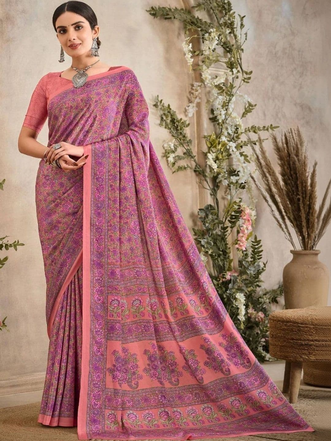 The Textile Hub Floral Pure Crepe Saree - view 1