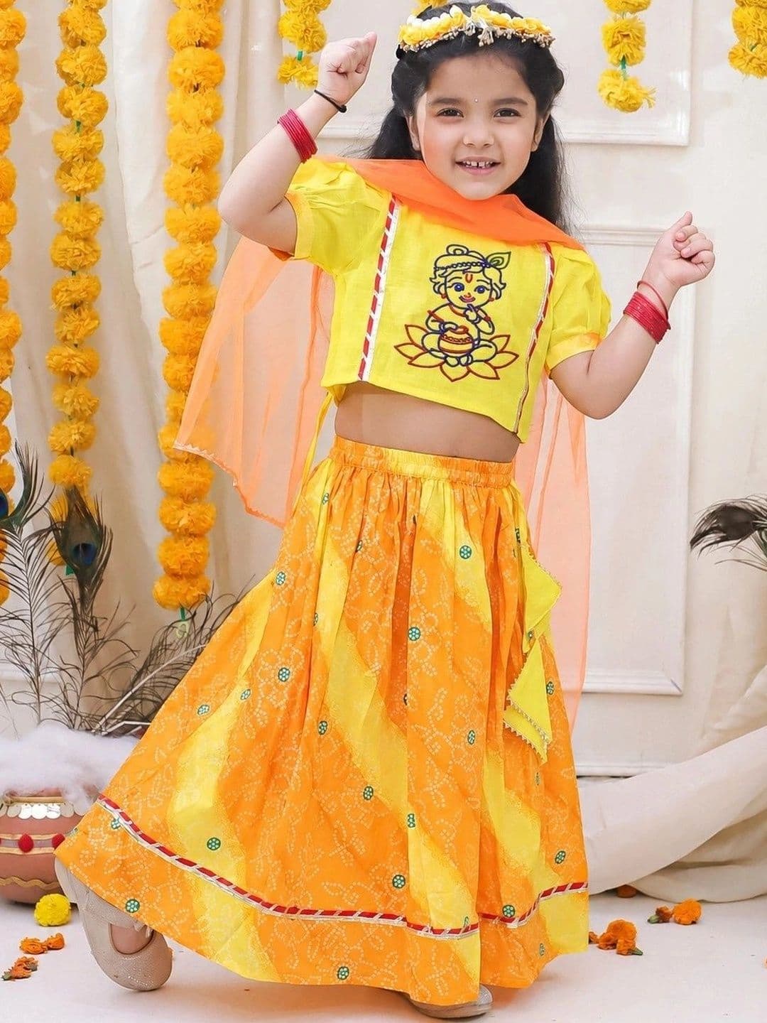 BownBee Embroidered Puff Sleeve Choli & Lehenga With Dupatta Set For Girls Yellow - view 1