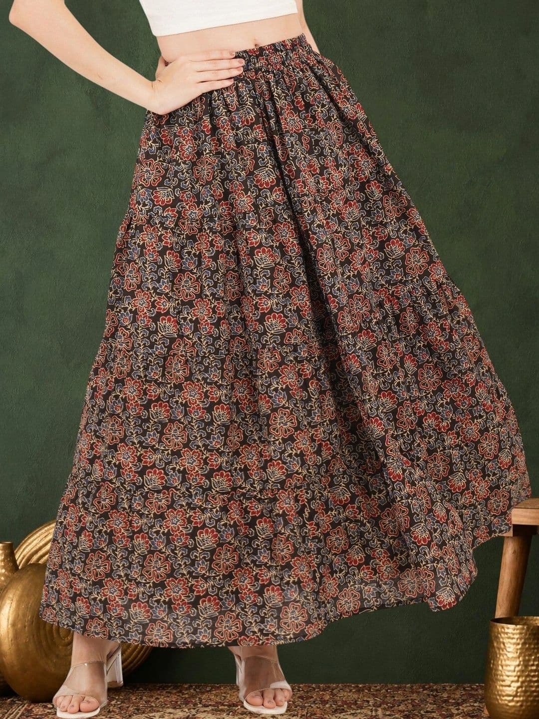 Sangria Women Pure Cotton Blend Cotton Cambric Floral Maxi Flared Skirt - view 1