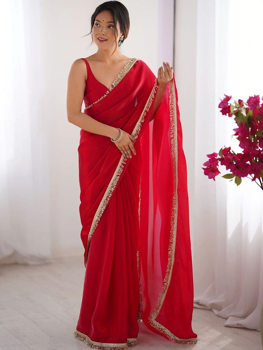 Nayanthara Trends Sequinned Satin Designer Saree - view 1